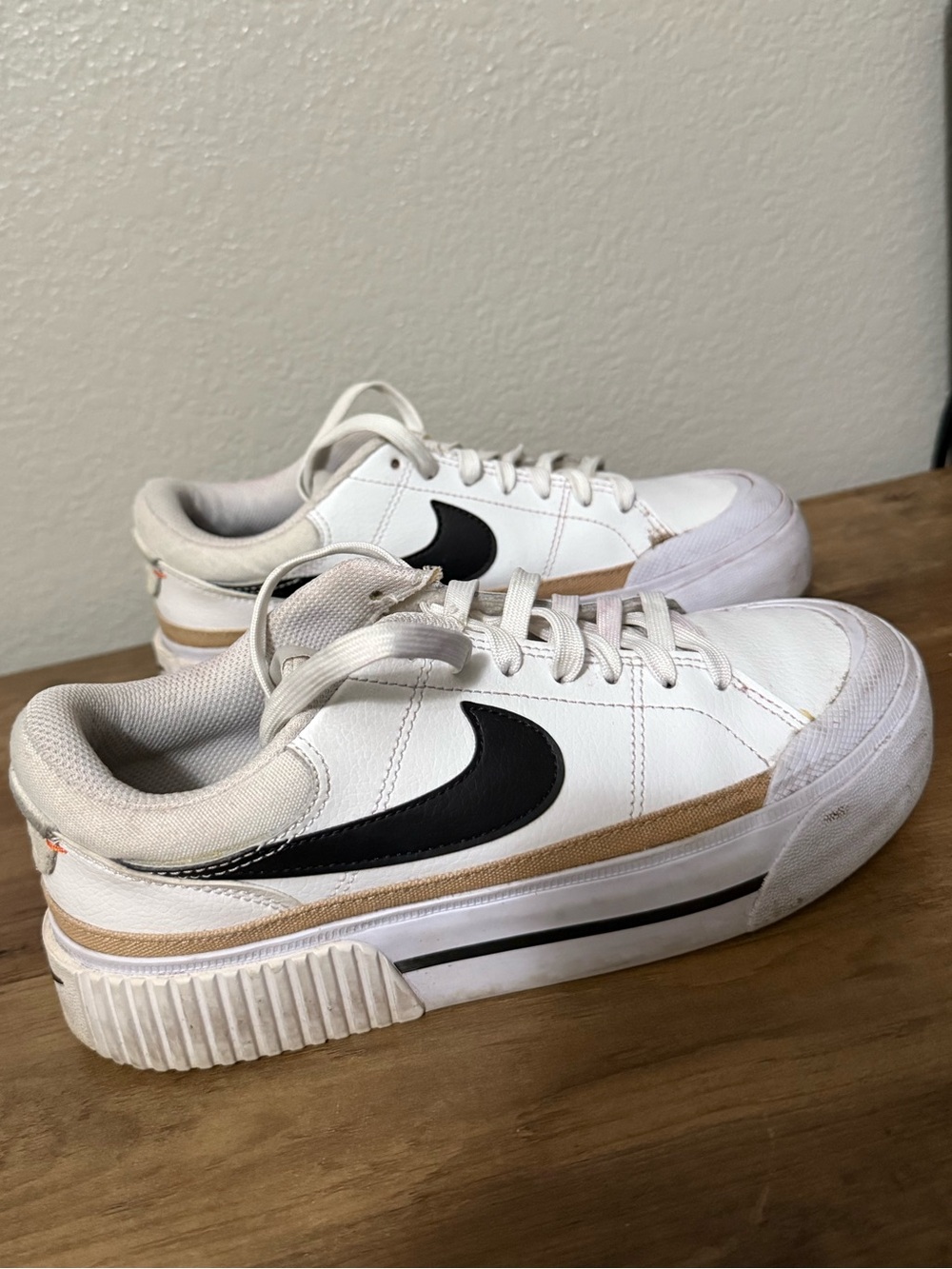 Womens Nike White Platform Sneakers with Black Swoosh and Tan Accent